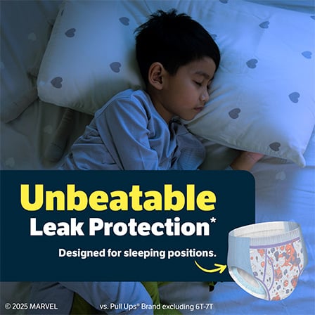 Boy sleeping on his side in bed with Goodnites® underwear shown alongside with title card stating: “Unbeatable Leak Protection* *vs Pull-Ups® Brand excluding 6T-7T, XS and S/M sizes only 