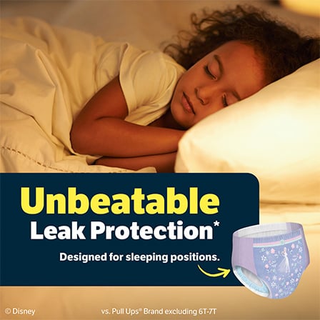Girl sleeping on her side in bed with Goodnites® underwear shown alongside with title card stating: “Unbeatable Leak Protection* *vs Pull-Ups® Brand excluding 6T-7T, XS and S/M sizes only