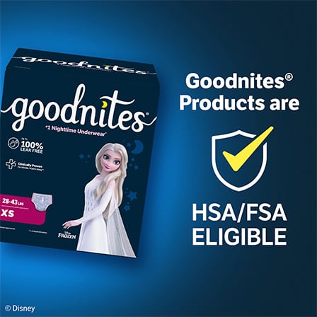 Goodnites® girls nighttime underwear package with Disney Frozen design and HSA FSA eligibility message.